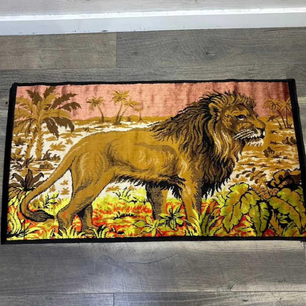 Vintage Italian Made Velvet Lion Wall Tapestry Colorful